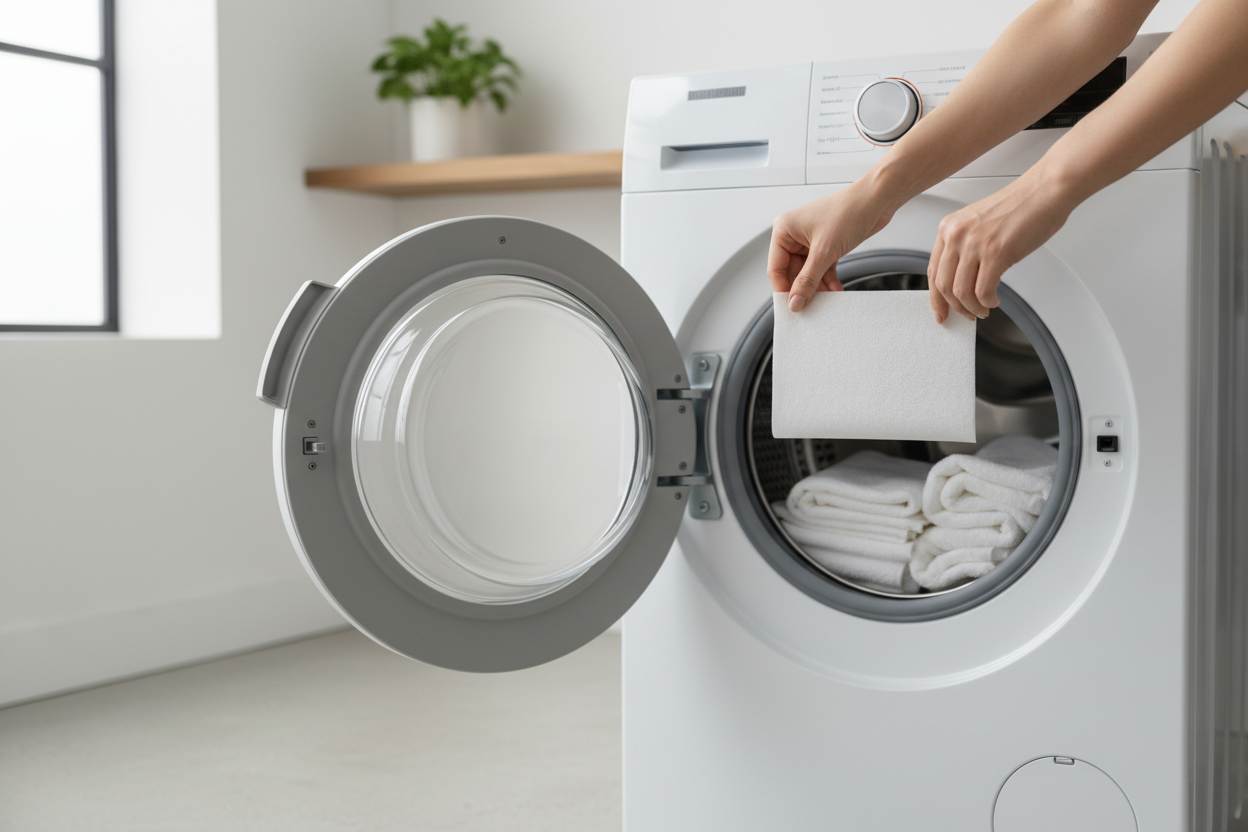 Hands placing laundry sheet in washing machine