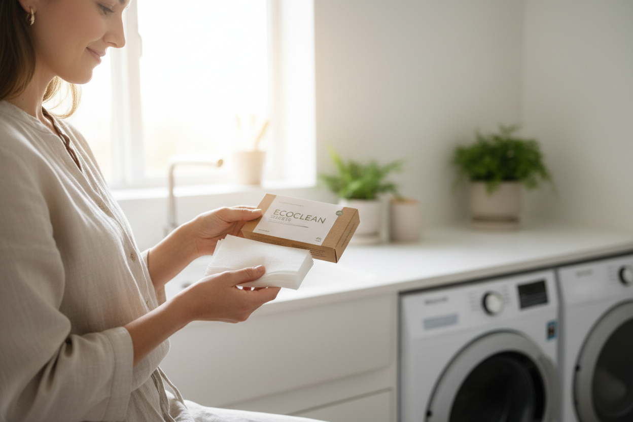 Person holding stack of dissolvable laundry sheets